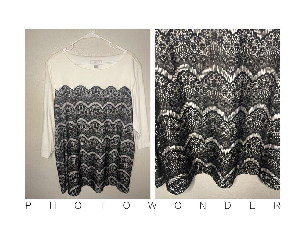 CJ BANKS Women's Plus Size Lace Embellished Top Black & White 2X (20-22W) NWT